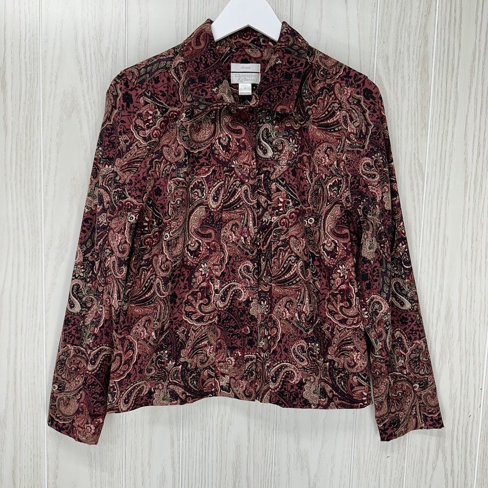 Christopher & Banks Jacket Womens Small Burgundy Paisley Button Long Sleeve